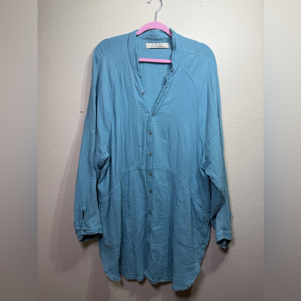 FREE PEOPLE Summer Daydream Tunic Button Blouse Top XL Teal Gauzy Spring - Picture 3 of 5